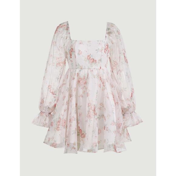 Floral Chiffon Mini Dress Pink White Puff Sleeve Babydoll Cottagecore M - Picture 2 of 16